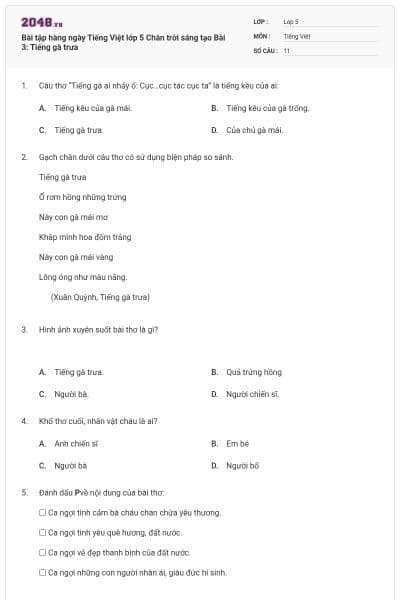 Bài tập hàng ngày Tiếng Việt lớp 5 Chân trời sáng tạo Bài 3: Tiếng gà trưa