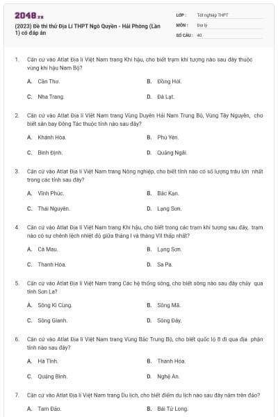 (2023) Đề thi thử Địa Lí THPT Ngô Quyền - Hải Phòng (Lần 1) có đáp án