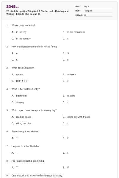 20 câu trắc nghiệm Tiếng Anh 6 Starter unit - Reading and Writing - Friends plus có đáp án