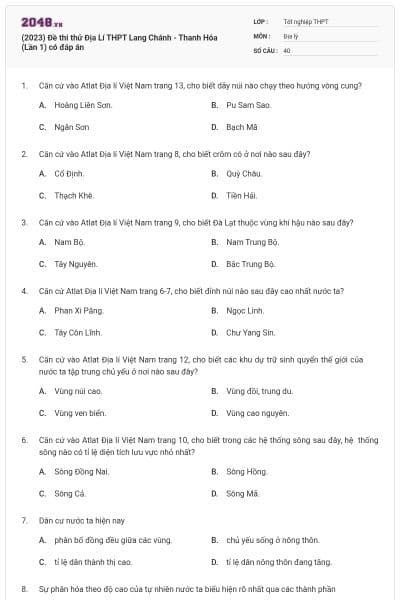 (2023) Đề thi thử Địa Lí THPT Lang Chánh - Thanh Hóa (Lần 1) có đáp án