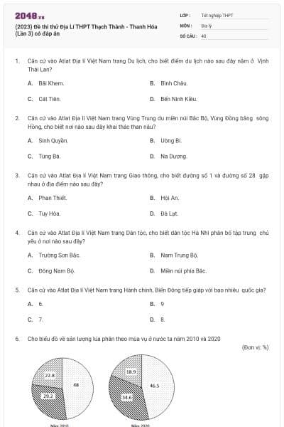 (2023) Đề thi thử Địa Lí THPT Thạch Thành - Thanh Hóa (Lần 3) có đáp án
