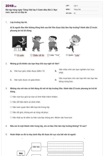 Bài tập hàng ngày Tiếng Việt lớp 5 Cánh diều Bài 2: Bạn nam. bạn nữ có đáp án