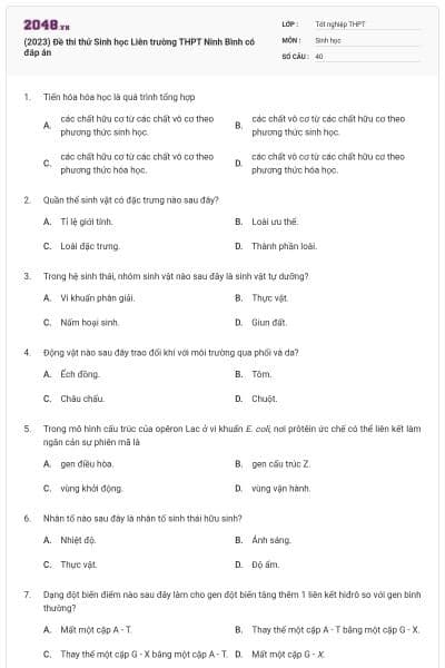(2023) Đề thi thử Sinh học Liên trường THPT Ninh Bình có đáp án