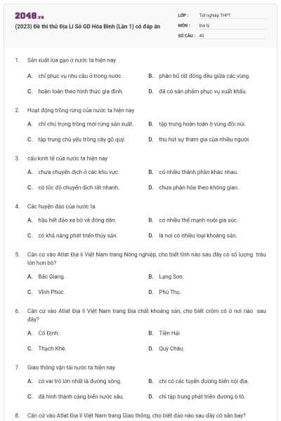 (2023) Đề thi thử Địa Lí Sở GD Hòa Bình (Lần 1) có đáp án