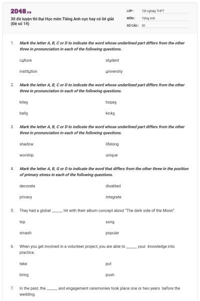 30 đề luyện thi Đại Học môn Tiếng Anh cực hay có lời giải (Đề số 14)