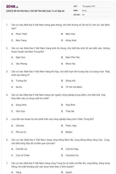 (2023) Đề thi thử Địa Lí Sở GD Yên Bái (Lần 1) có đáp án