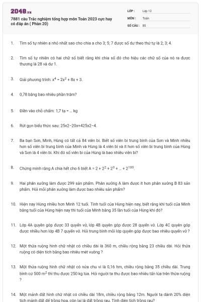 7881 câu  Trắc nghiệm tổng hợp môn Toán 2023 cực hay có đáp án ( Phần 20)