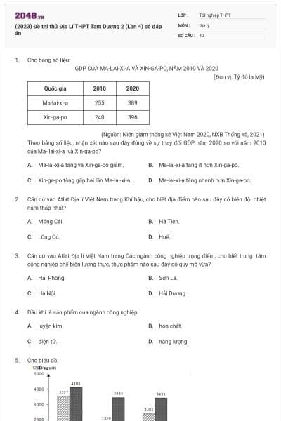 (2023) Đề thi thử Địa Lí THPT Tam Dương 2 (Lần 4) có đáp án