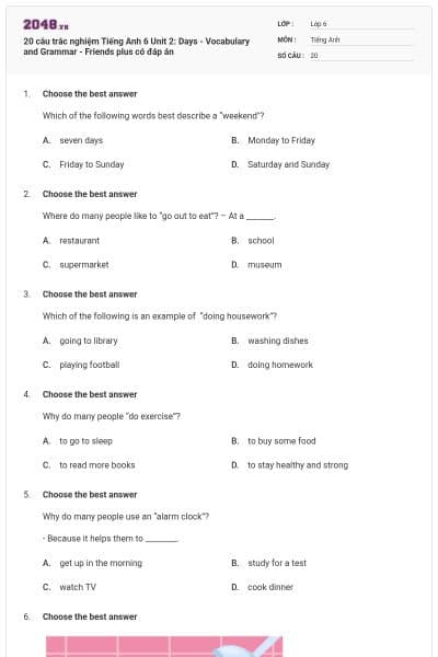 20 câu trắc nghiệm Tiếng Anh 6 Unit 2: Days - Vocabulary and Grammar - Friends plus có đáp án