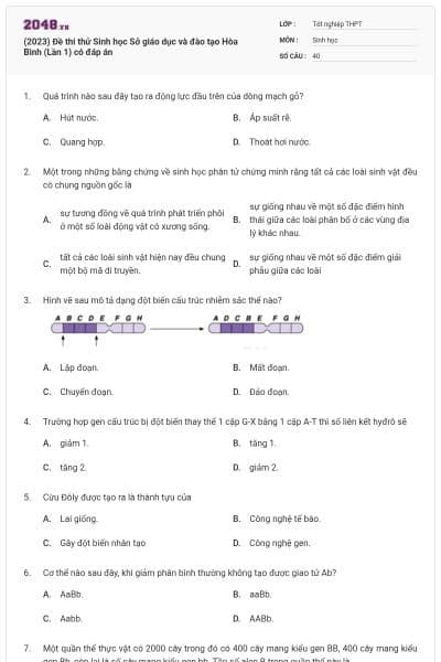 (2023) Đề thi thử Sinh học Sở giáo dục và đào tạo Hòa Bình (Lần 1) có đáp án