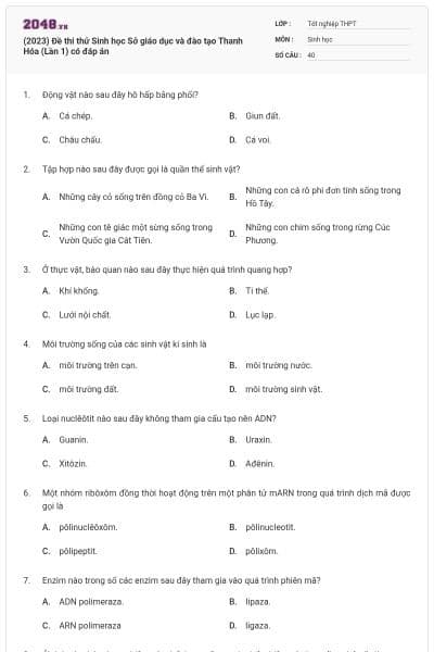 (2023) Đề thi thử Sinh học Sở giáo dục và đào tạo Thanh Hóa (Lần 1) có đáp án