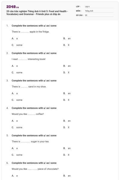 20 câu trắc nghiệm Tiếng Anh 6 Unit 5: Food and Health - Vocabulary and Grammar - Friends plus có đáp án