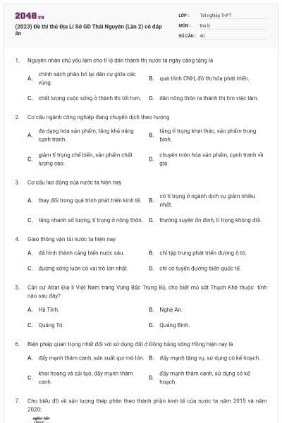 (2023) Đề thi thử Địa Lí Sở GD Thái Nguyên (Lần 2) có đáp án
