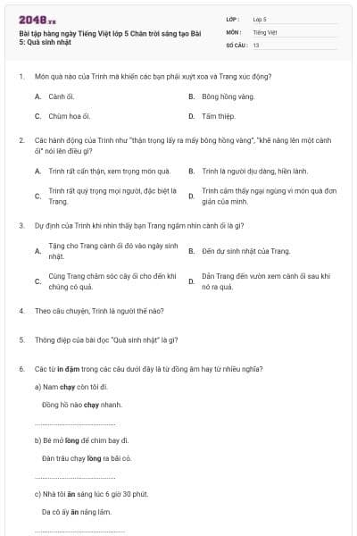 Bài tập hàng ngày Tiếng Việt lớp 5 Chân trời sáng tạo Bài 5: Quà sinh nhật