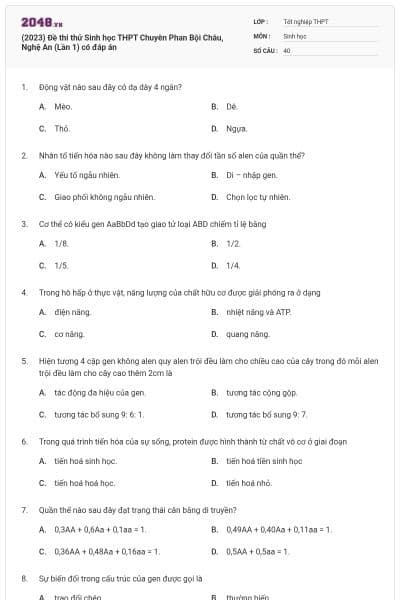 (2023) Đề thi thử Sinh học THPT Chuyên Phan Bội Châu, Nghệ An (Lần 1) có đáp án