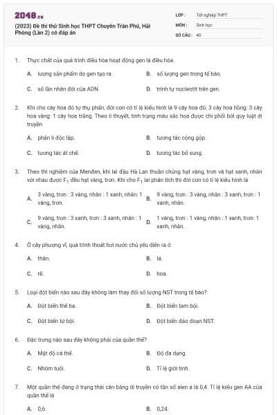(2023) Đề thi thử Sinh học THPT Chuyên Trần Phú, Hải Phòng (Lần 2) có đáp án