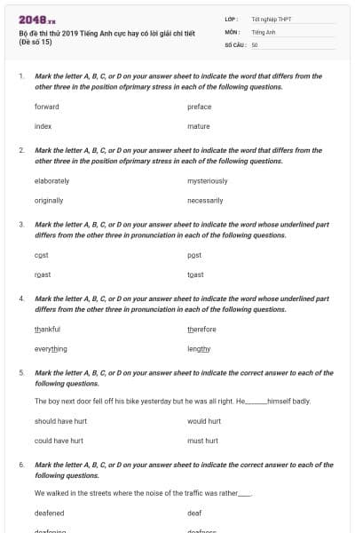 Bộ đề thi thử 2019 Tiếng Anh cực hay có lời giải chi tiết (Đề số 15)