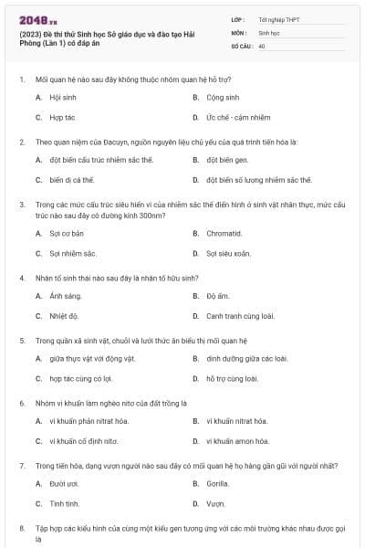 (2023) Đề thi thử Sinh học Sở giáo dục và đào tạo Hải Phòng (Lần 1) có đáp án