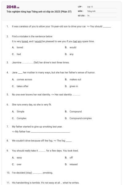 Trắc nghiệm tổng hợp Tiếng anh có đáp án 2023 (Phần 37)