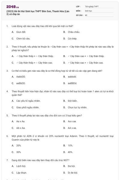 (2023) Đề thi thử Sinh học THPT Bỉm Sơn, Thanh Hóa (Lần 3) có đáp án