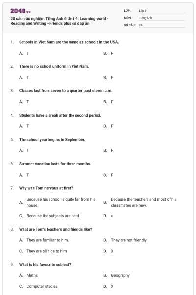 20 câu trắc nghiệm Tiếng Anh 6 Unit 4: Learning world - Reading and Writing - Friends plus có đáp án