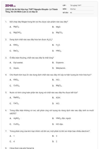 (2023) Đề thi thử Hóa học THPT Nguyễn Khuyến- Lê Thành Tông, Hồ Chí Minh (Lần 2) có đáp án