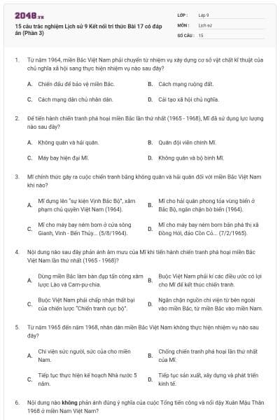 15 câu trắc nghiệm Lịch sử 9 Kết nối tri thức Bài 17 có đáp án (Phần 3)