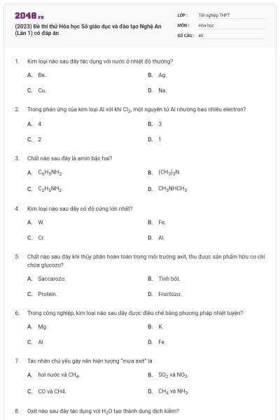(2023) Đề thi thử Hóa học Sở giáo dục và đào tạo Nghệ An (Lần 1) có đáp án