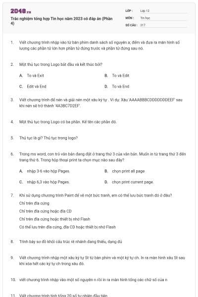 Trắc nghiệm tổng hợp Tin học năm 2023 có đáp án (Phần 4)