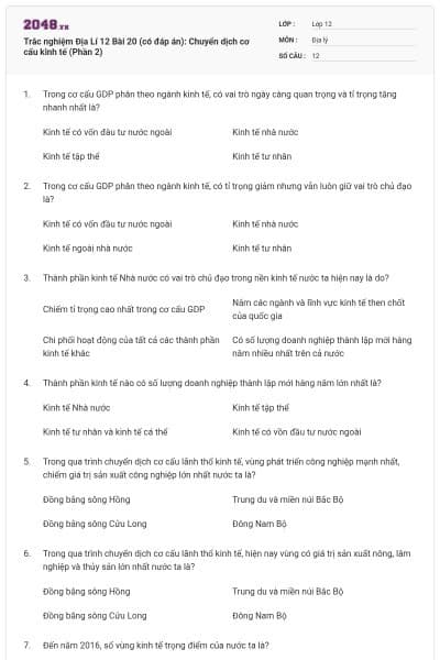 Trắc nghiệm Địa Lí 12 Bài 20 (có đáp án): Chuyển dịch cơ cấu kinh tế (Phần 2)