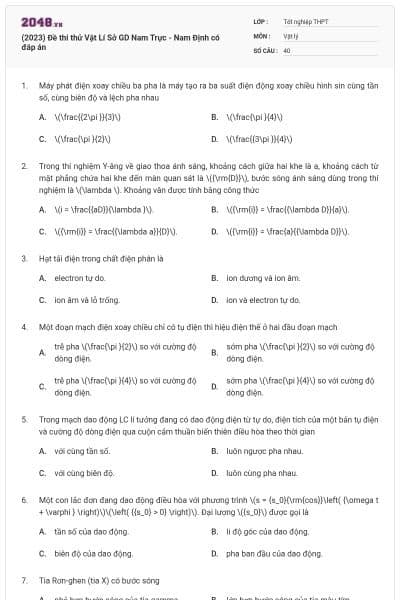 (2023) Đề thi thử Vật Lí Sở GD Nam Trực - Nam Định có đáp án