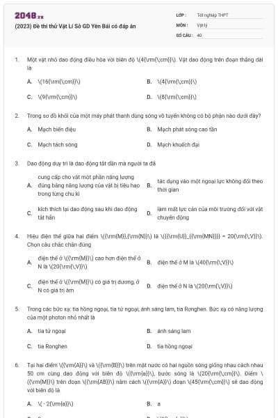 (2023) Đề thi thử Vật Lí Sở GD Yên Bái có đáp án