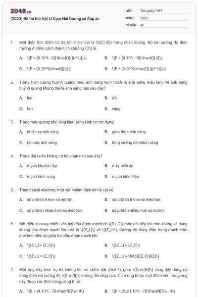 (2023) Đề thi thử Vật Lí Cụm Hải Dương có đáp án