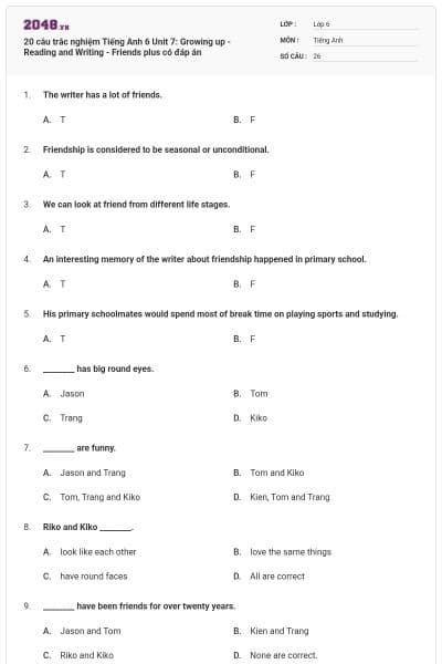 20 câu trắc nghiệm Tiếng Anh 6 Unit 7: Growing up - Reading and Writing - Friends plus có đáp án