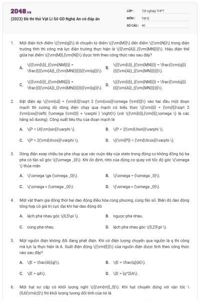 (2023) Đề thi thử Vật Lí Sở GD Nghệ An có đáp án