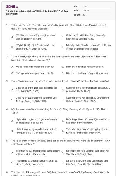 15 câu trắc nghiệm Lịch sử 9 Kết nối tri thức Bài 17 có đáp án (Phần 5)