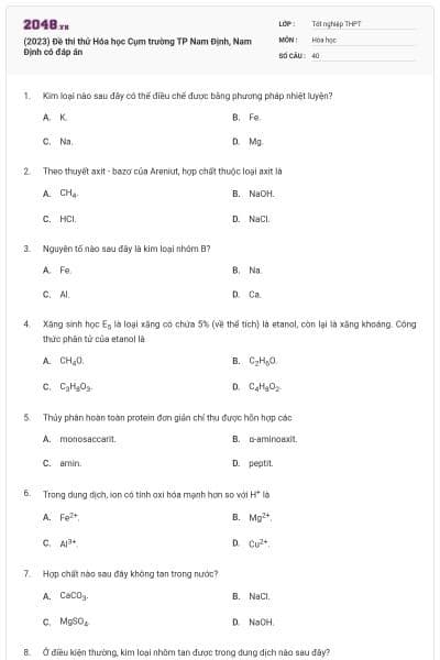 (2023) Đề thi thử Hóa học Cụm trường TP Nam Định, Nam Định có đáp án