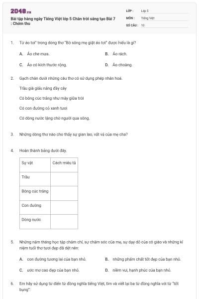 Bài tập hàng ngày Tiếng Việt lớp 5 Chân trời sáng tạo Bài 7 : Chớm thu