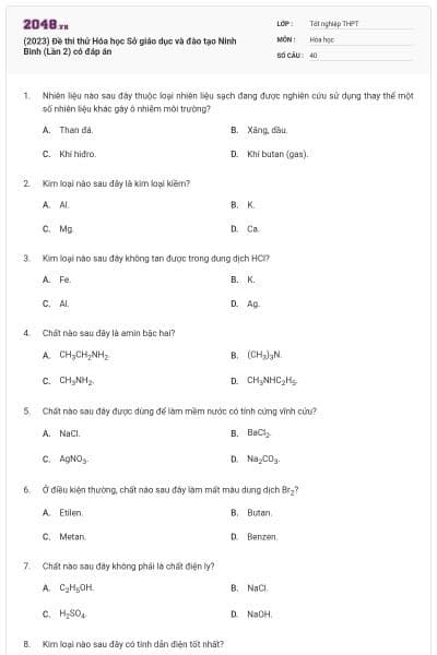 (2023) Đề thi thử Hóa học Sở giáo dục và đào tạo Ninh Bình (Lần 2) có đáp án