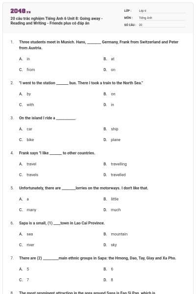 20 câu trắc nghiệm Tiếng Anh 6 Unit 8: Going away - Reading and Writing - Friends plus có đáp án