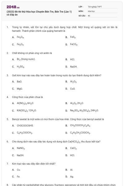 (2023) Đề thi thử Hóa học Chuyên Bến Tre, Bến Tre (Lần 1) có đáp án