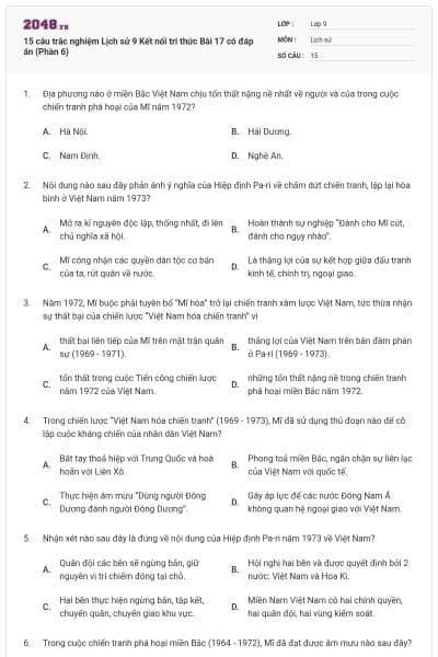 15 câu trắc nghiệm Lịch sử 9 Kết nối tri thức Bài 17 có đáp án (Phần 6)