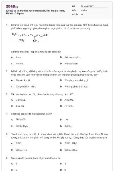 (2023) Đề thi thử Hóa học Cụm Hoàn Kiếm- Hai Bà Trưng, Hà Nội có đáp án
