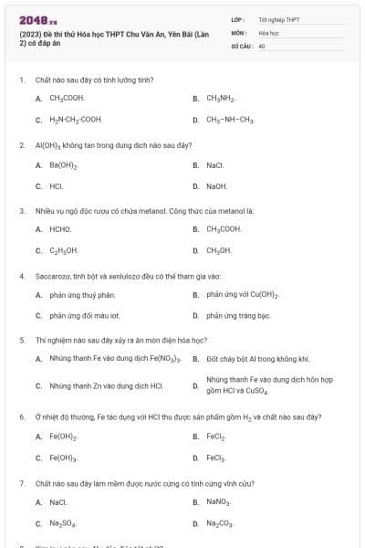 (2023) Đề thi thử Hóa học THPT Chu Văn An, Yên Bái (Lần 2) có đáp án