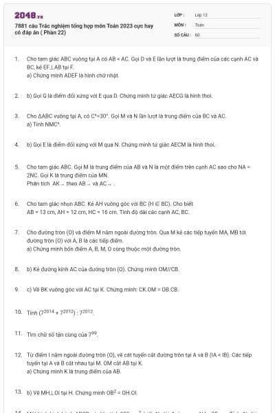 7881 câu  Trắc nghiệm tổng hợp môn Toán 2023 cực hay có đáp án ( Phần 22)