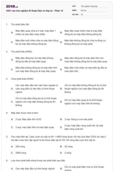 300+ câu trắc nghiệm Kĩ thuật điện có đáp án - Phần 10