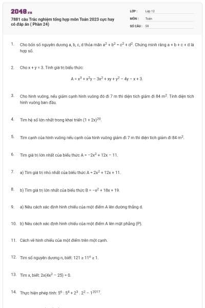 7881 câu  Trắc nghiệm tổng hợp môn Toán 2023 cực hay có đáp án ( Phần 24)