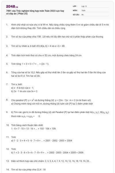 7881 câu  Trắc nghiệm tổng hợp môn Toán 2023 cực hay có đáp án ( Phần 25)