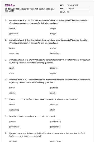 30 đề luyện thi Đại Học môn Tiếng Anh cực hay có lời giải (Đề số 15)
