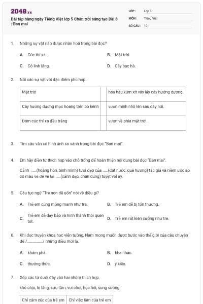 Bài tập hàng ngày Tiếng Việt lớp 5 Chân trời sáng tạo Bài 8 : Ban mai